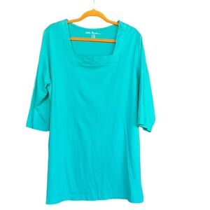 Ulla Popken Women’s 100% Cotton Turquoise 3/4 Sleeve Long Line Blouse
